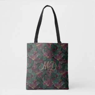 Tote Bag Design floral botanique chic prune émeraude foncé