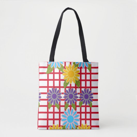 Tote Bag Design floral multicolore sur grille rouge (Devant)