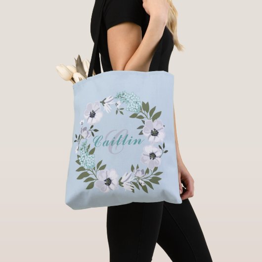 Tote Bag Design floral noir, blanc et Turquoise 1 monogramm (De près)