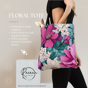 Tote Bag Design floral rose et vert inspiré du printemps Fo