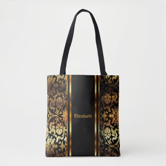 Tote Bag Design or & noir floral Damask (Devant)