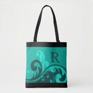 Tote Bag Design turquoise vert fleuri avec Monogramme