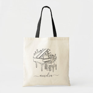 Tote Bag Dessin au trait personnalisé de joueuse de piano f