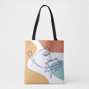 Tote Bag dessin d'art affiche d'une femme buvant du café