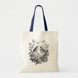 Tote Bag Dessin d'art de couronne florale d'oiseau vintage