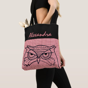 Tote Bag Dessin de hibou oiseau Cool Tartan rose moderne mo