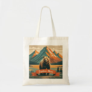 Tote Bag Dessin d'ours de style rétro et chaîne de montagne