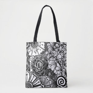 Tote Bag Dessin Floral Zen Noir Et Blanc