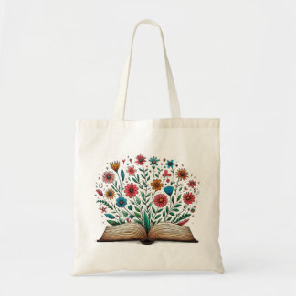 Tote Bag Dessin Livre ouvert avec fleurs colorées