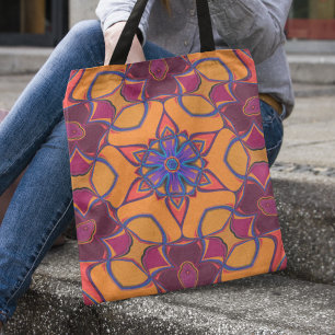 Tote Bag Dessin Mandala Fleur orange violet et bleu