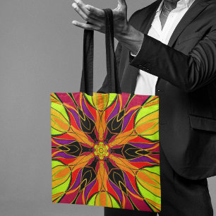 Tote Bag Dessin Mandala Fleur orange violet et rouge