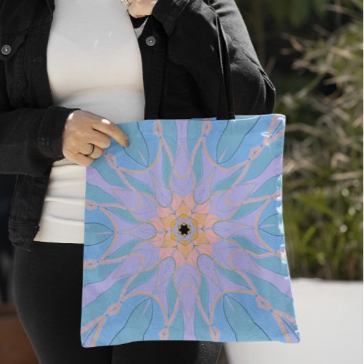 Tote Bag Dessin Mandala Flower bleu et jaune
