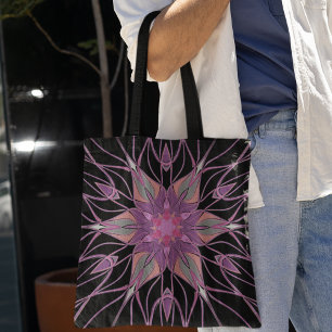 Tote Bag Dessin Mandala Flower noir violet et rose
