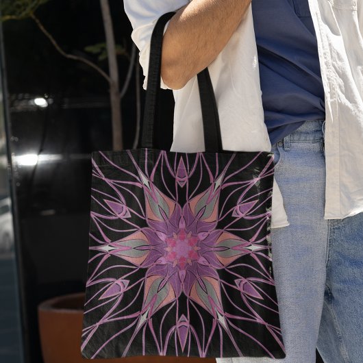 Tote Bag Dessin Mandala Flower noir violet et rose