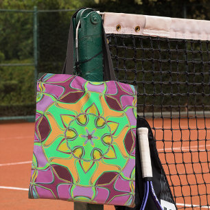 Tote Bag Dessin Mandala Flower vert orange et violet