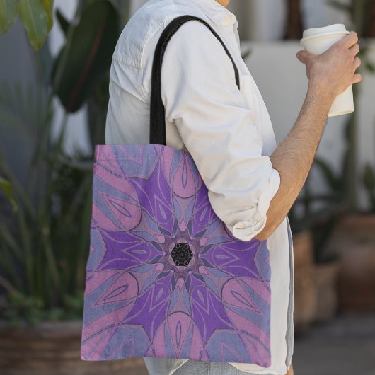 Tote Bag Dessin Mandala Flower violet rose et bleu