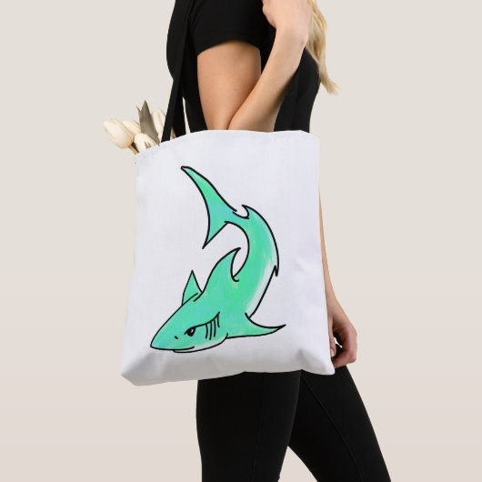 Tote Bag dessin souriant requin menthe bleu vert océan anim (De près)
