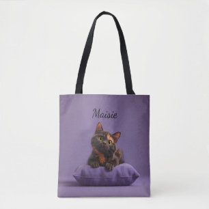 Tote Bag Dessin Tortoiseshell Kitten sur coussin pourpre