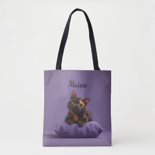 Tote Bag Dessin Tortoiseshell Kitten sur coussin pourpre (Devant)