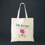 Tote Bag Destination magenta tropicale mariage bienvenue<br><div class="desc">Sac d'accueil de mariage magenta rose vivant tropical accentué d'un coeur rouge. J'ai inclus une feuille de fuchsia tropicale et le mot "Welcome" dans une police de style calligraphie. Personnalisez-le avec vos noms et la date du mariage.</div>