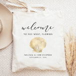 Tote Bag Destination Mariage Bienvenue Gold Scallop Seashel<br><div class="desc">Cet hôtel de mariage de destination ou sac de faveur présente une illustration vintage d'un coquillage de Saint-Jacques en faux feuille d'or,  sous le mot "bienvenue" dans élégant script d'écriture noire. Personnalisez-le avec votre emplacement mariage,  les noms de la mariée et du marié,  et la date du mariage.</div>