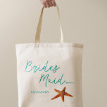 Tote Bag Destination plage étoile mariage bridesmaid<br><div class="desc">Starfish bridesmaid mer / plage / destination sac fourre-tout de mariage avec script de calligraphie bleu aqua et texte modifiable. Personnalisez-le avec le nom de la servante.</div>