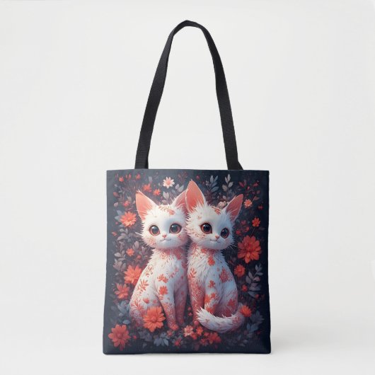 Tote Bag Deux chatons blancs et fleurs (Devant)