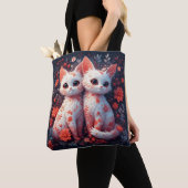 Tote Bag Deux chatons blancs et fleurs (De près)