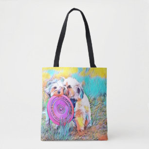 Tote Bag Deux chiens mignons jouant le frisbee fourre-tout