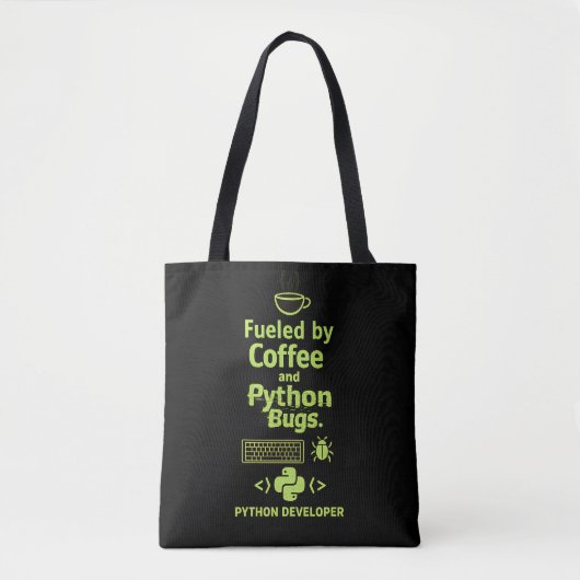 Tote Bag Développeur Python drôle – Alimenté par des bugs d (Devant)