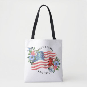 Tote Bag Dieu bénisse l'Amérique Aquarelle Drapeau/Fleurs/O