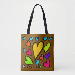 Tote Bag Dieu est Amour avec Cœurs Marron