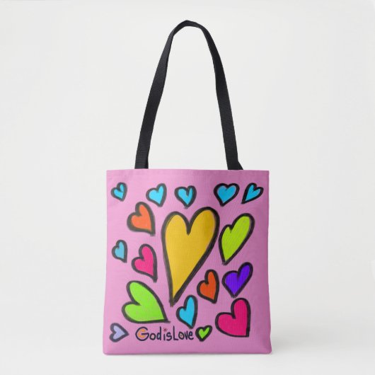 Tote Bag Dieu est Amour avec Coeurs Rose (Devant)