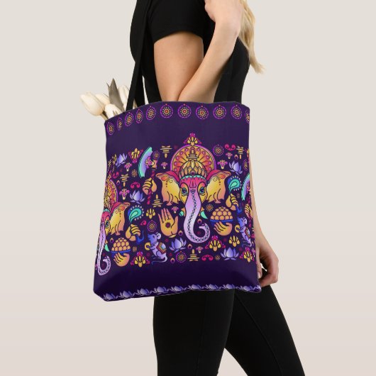 Tote Bag Dieu hindou Ganesha et symboles indiens en bande (De près)