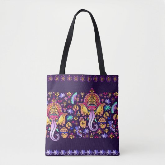 Tote Bag Dieu hindou Ganesha et symboles indiens en bande (Devant)