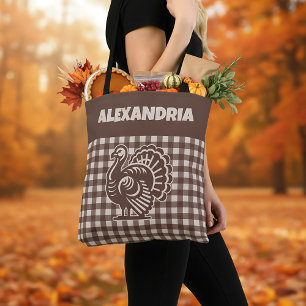 Tote Bag Dinde de Thanksgiving Marron et Brun à Carreaux No