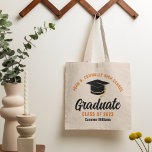 Tote Bag Diplômé noir orange personnalisé 2023<br><div class="desc">Ce sac fourre-tout moderne orange et noir personnalisé senior de deuxième cycle comprend votre nom de lycée ou de collège pour la classe de 2023. Customisez avec votre année de graduation sous le script manuscrit chic et le casquette noir grad pour une grande fête de graduation personnalisée faveur cadeau.</div>