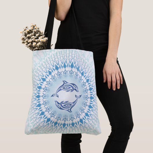 Tote Bag Dolphins Mandala Bleu Blanc Maritime (De près)