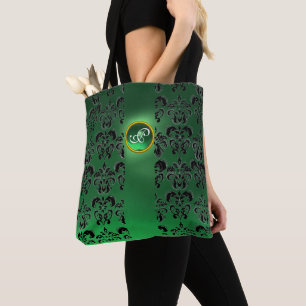 TOTE BAG DOMMASQUE VERT NOIR FLORAL, MONOGRAMME EN PIERRE D