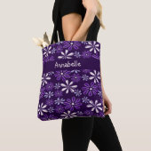 Tote Bag Doodle à fleurs violet foncé Votre nom (De près)