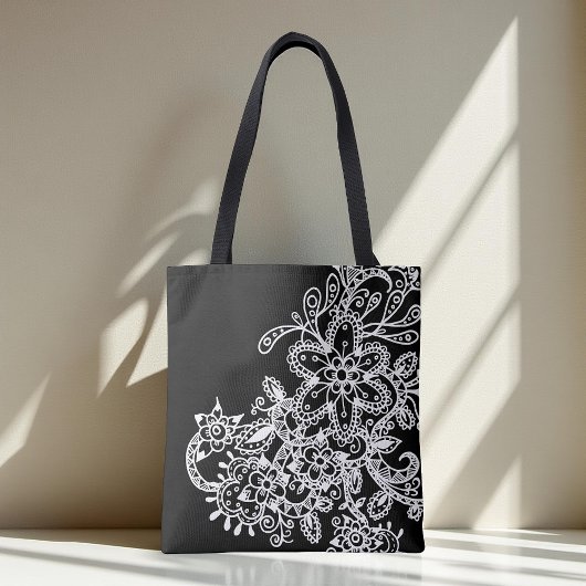 Tote Bag Doodle de fleurs Mandala noir et blanc dessiné à l
