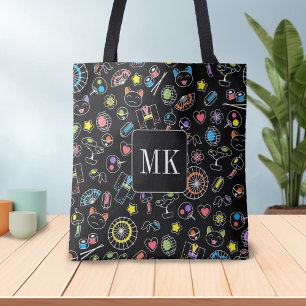 Tote Bag Doodles japonais Kawaii sur initiales de monogramm