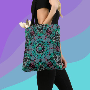 Tote Bag Dot Mandala Fleur vert bleu et rouge