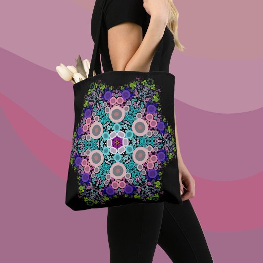 Tote Bag Dot Mandala Flower bleu vert et rose