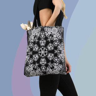 Tote Bag Dot Mandala Flower Gris et noir