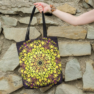 Tote Bag Dot Mandala Flower Jaune violet et noir