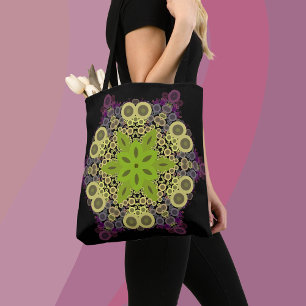 Tote Bag Dot Mandala Flower vert Jaune et violet