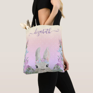 Tote Bag Doux Aquarelle Lapin Caché dans les jardins - 2 cô