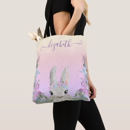 Tote Bag Doux Aquarelle Lapin Caché dans les jardins - 2 cô (De près)