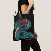 Tote Bag dragon chinois bleu (De près)